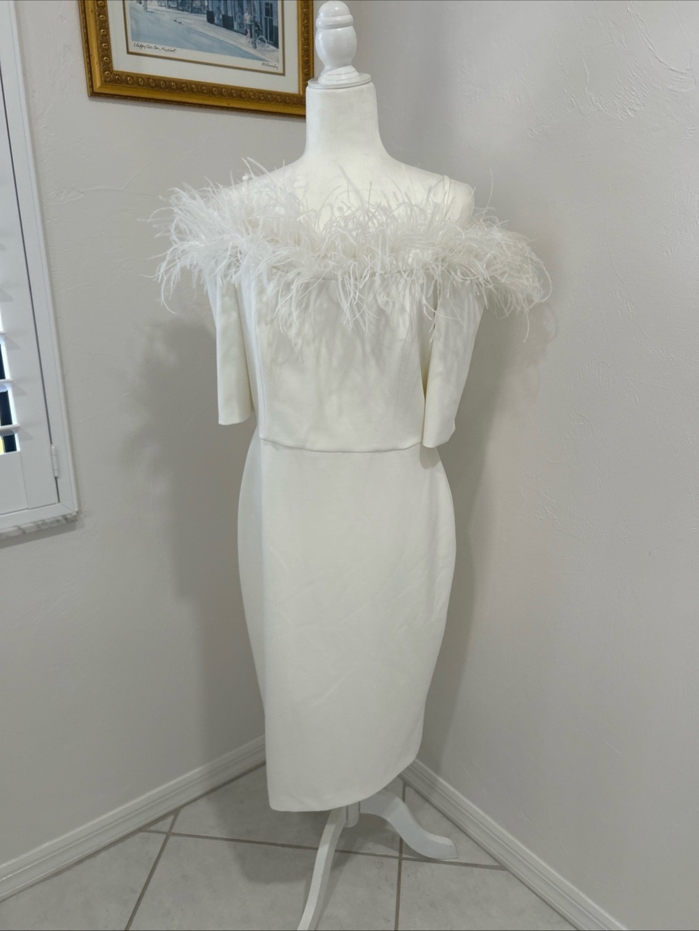 Calvin Klein White One-Shoulder Feather Trim Midi Dress